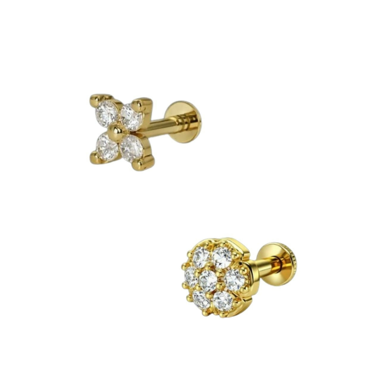 Pair of gold plated crystal clover nosepin studs with comfortable flat-back labret design