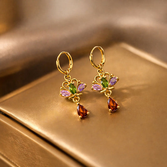 Royal Crown-Inspired Multicolor Crystal Dangle Earrings with Gold Hoop
