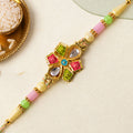 Floral Cross Kundan Pendant Rakhi with Multicolor Beads