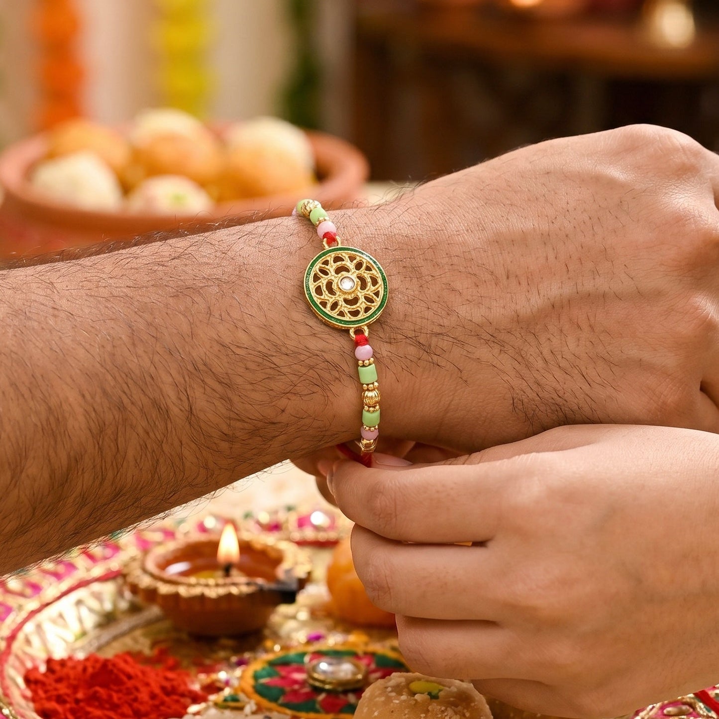 Rakhi Beautiful Designer Golden Floral Wheel for Raksha Bandhan (5pcs)