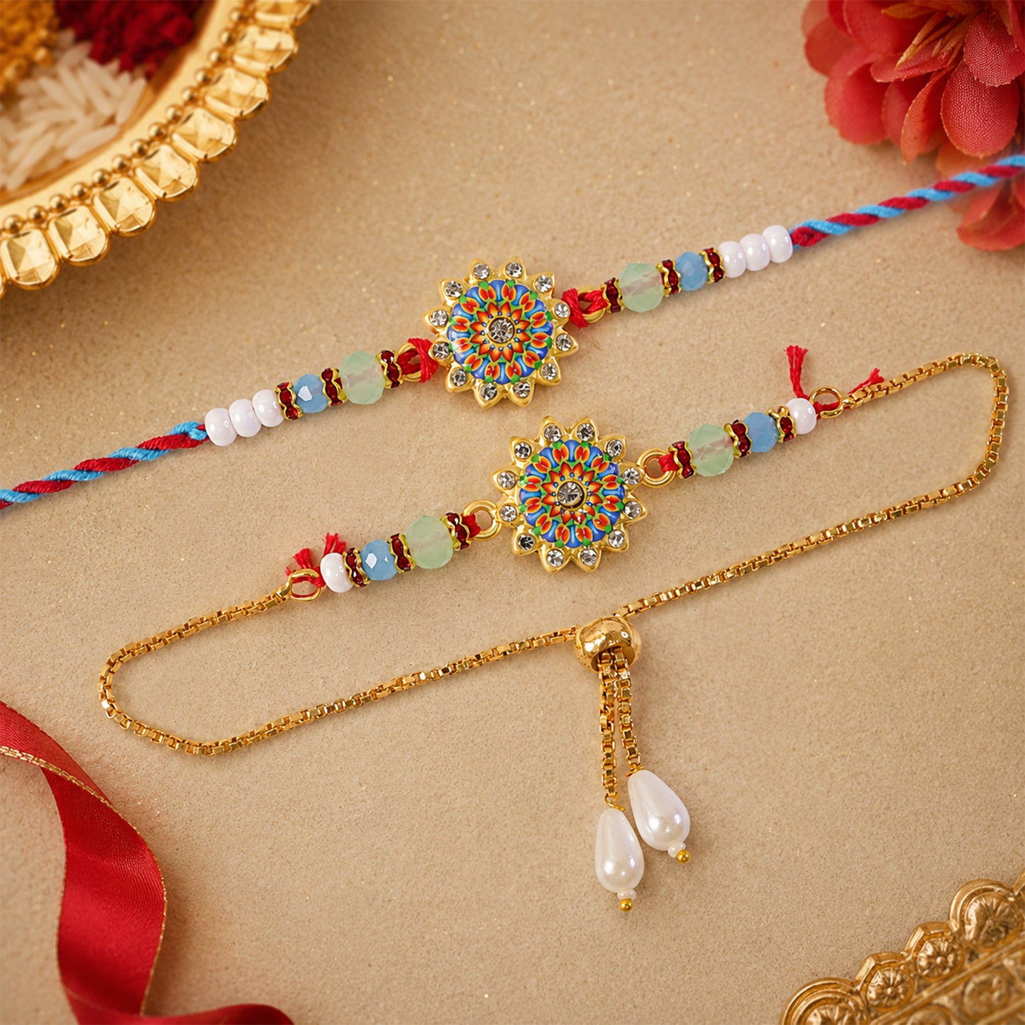 Round Floral Kundan Bhai Bhabhi Lumba Rakhi with Pearl Drop Charm