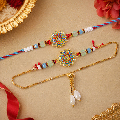 Round Floral Kundan Bhai Bhabhi Lumba Rakhi with Pearl Drop Charm