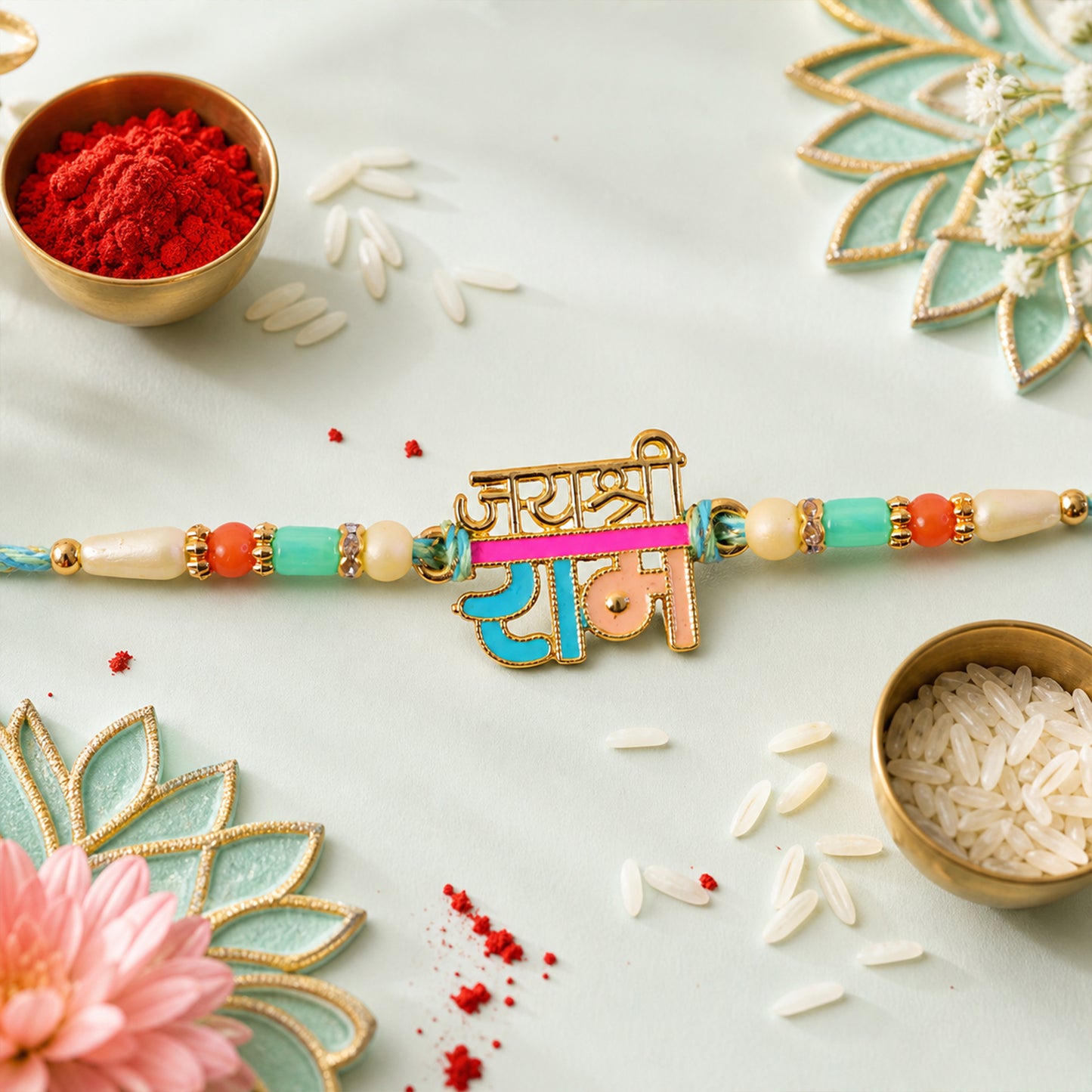 Premium Rakhi showcasing Jai Shri Ram Plaque, gold trims and chain look for Gift Use