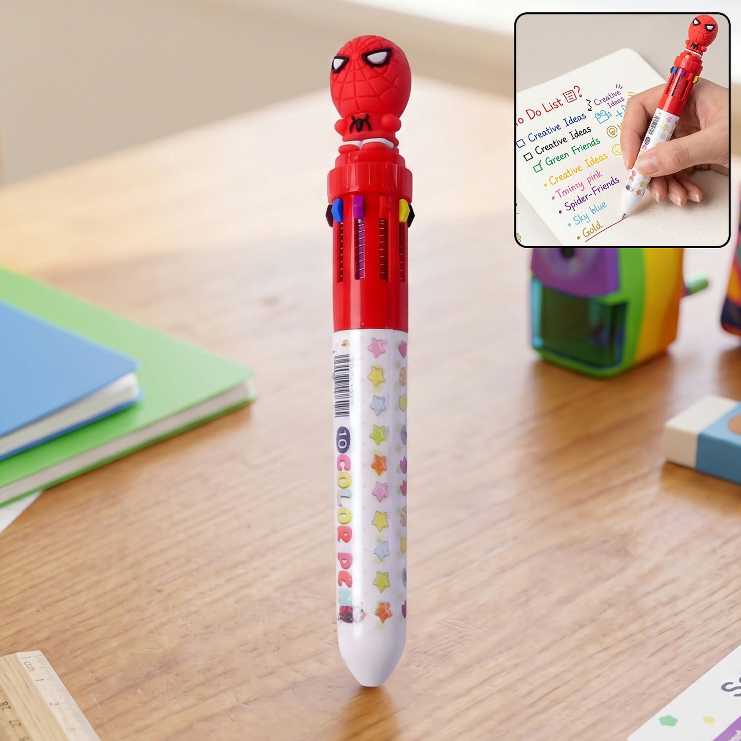 Superhero-themed multi-ink ball pen for kids writing