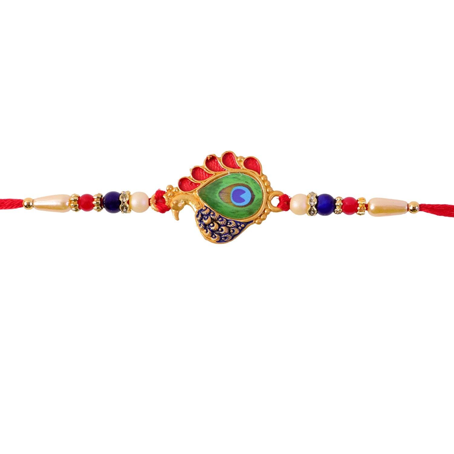 Peacock Feather Rakhi Golden Enamel Pearl Beads for Brother (10pcs)