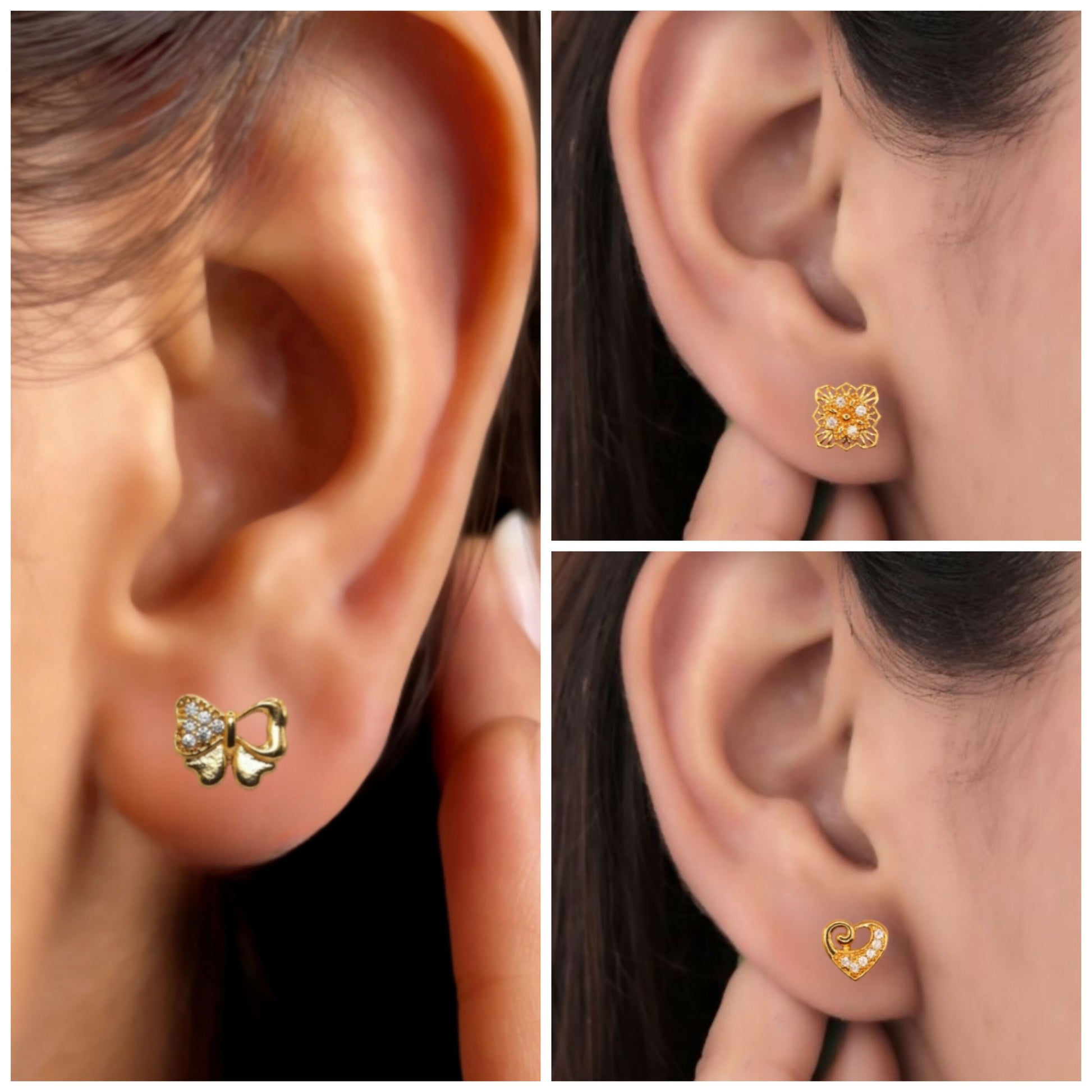 Close-up of filigree flower gold plated stud earrings with intricate detailing