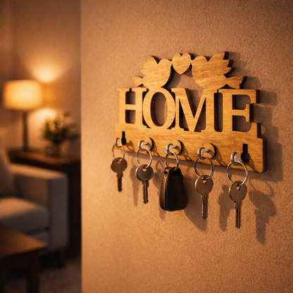 Wooden Key Holder for Wall “HOME” with Birds – Decorative MDF Wall Key Organizer with 5 Hooks | Home Décor Key Stand