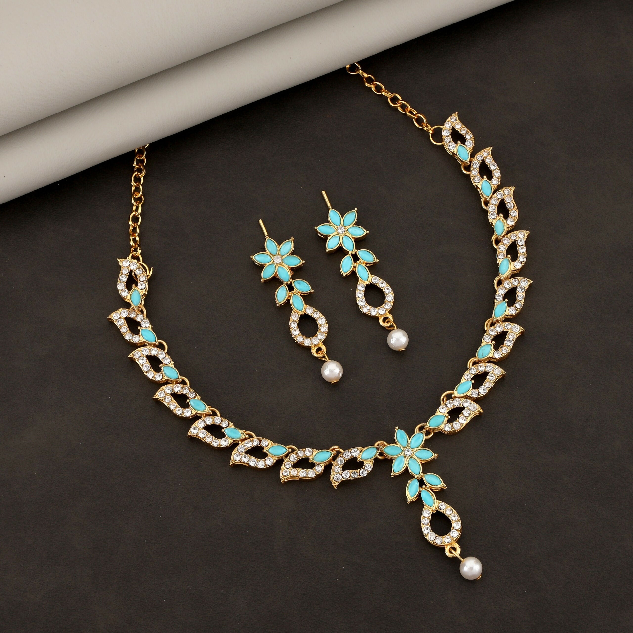 Gold-Plated Turquoise & Diamond-Look Floral Necklace Set