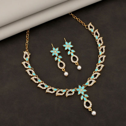 Gold-Plated Turquoise & Diamond-Look Floral Link Necklace Set