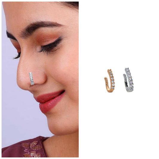 2-Pc CZ Clip-On Nose Ring Set - Cluster & Line (Non-Piercing) Combo Pack of 2