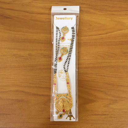 Antique Finish Radha Krishna Deity Oval Pendant with Crescent Drop Earring Set Double Strand Mangalsutra