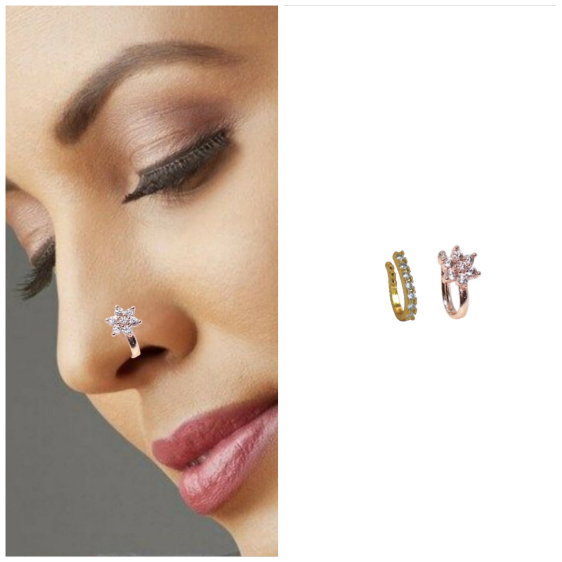 2-in-1 non-piercing CZ nose ring set with flower and line designs in gold plating