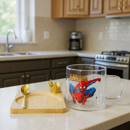 Glass Coffee Mug with Wooden Tray, Spoon & Crown Holder Set (Design may vary)