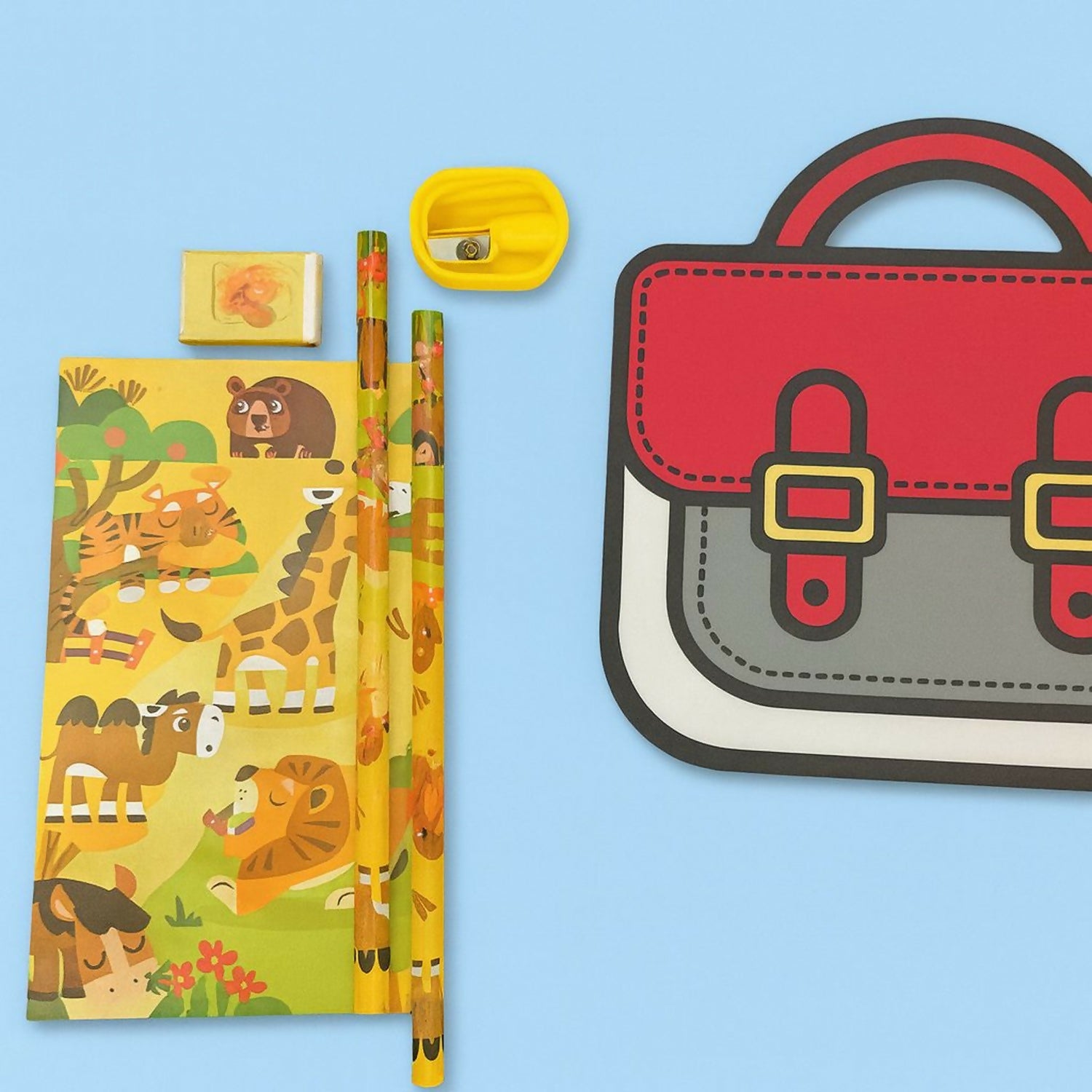 Animal Theme Kids Stationery Set with Notebook, Pencils & Carry Pouch