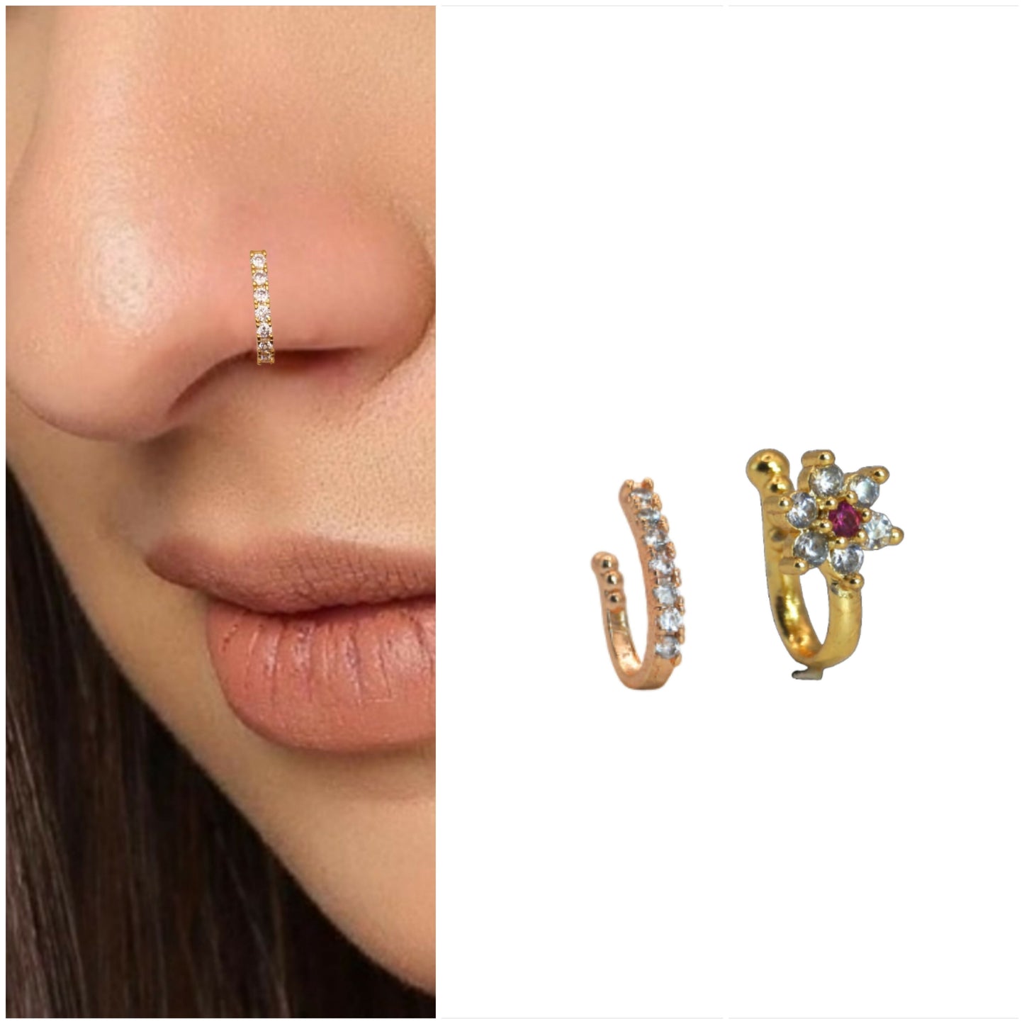 CZ Flower & Line Non-Piercing Nose Ring/Nath Combo Set Combo Pack of 2