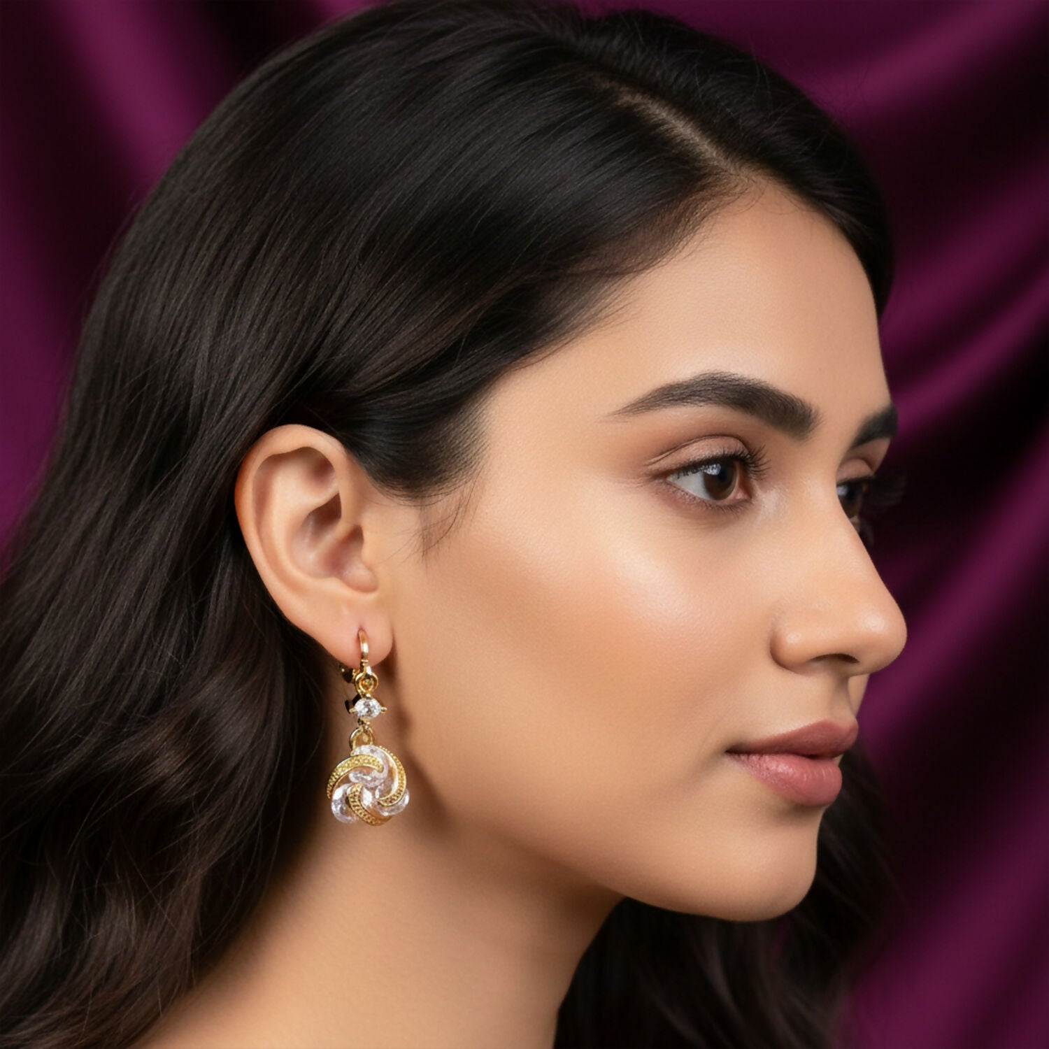 Gold Finish Twisted Stone Drop Hoop Earrings for Women and Girls