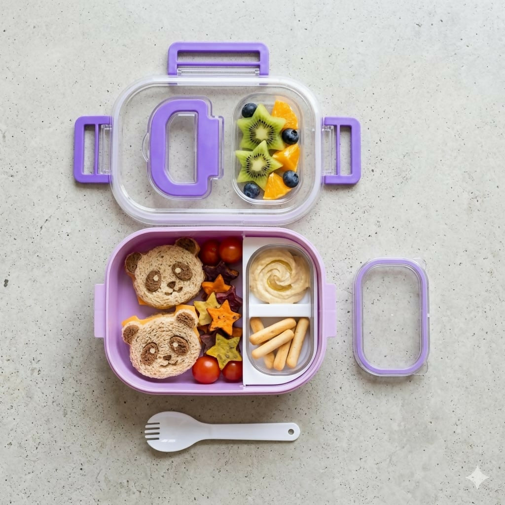 Side view of Mighty Lunch Box with compartmentalized sections