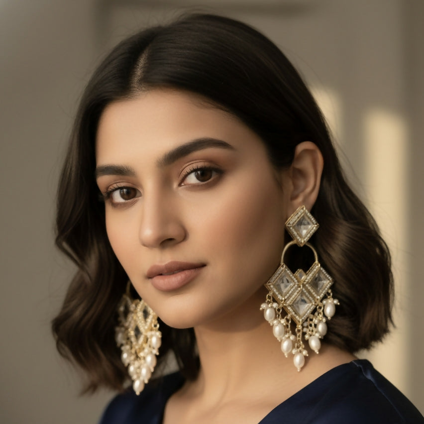 Antique Silver-Toned Floral Kundan Chandbali Jhumka Earrings with Seed Pearl Clusters