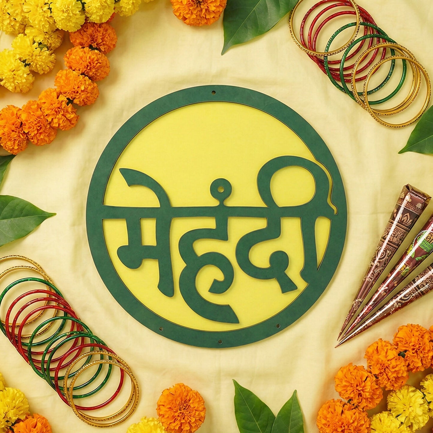 Mehendi Ceremony Decor | Green & Yellow Hindi Wall Hanging