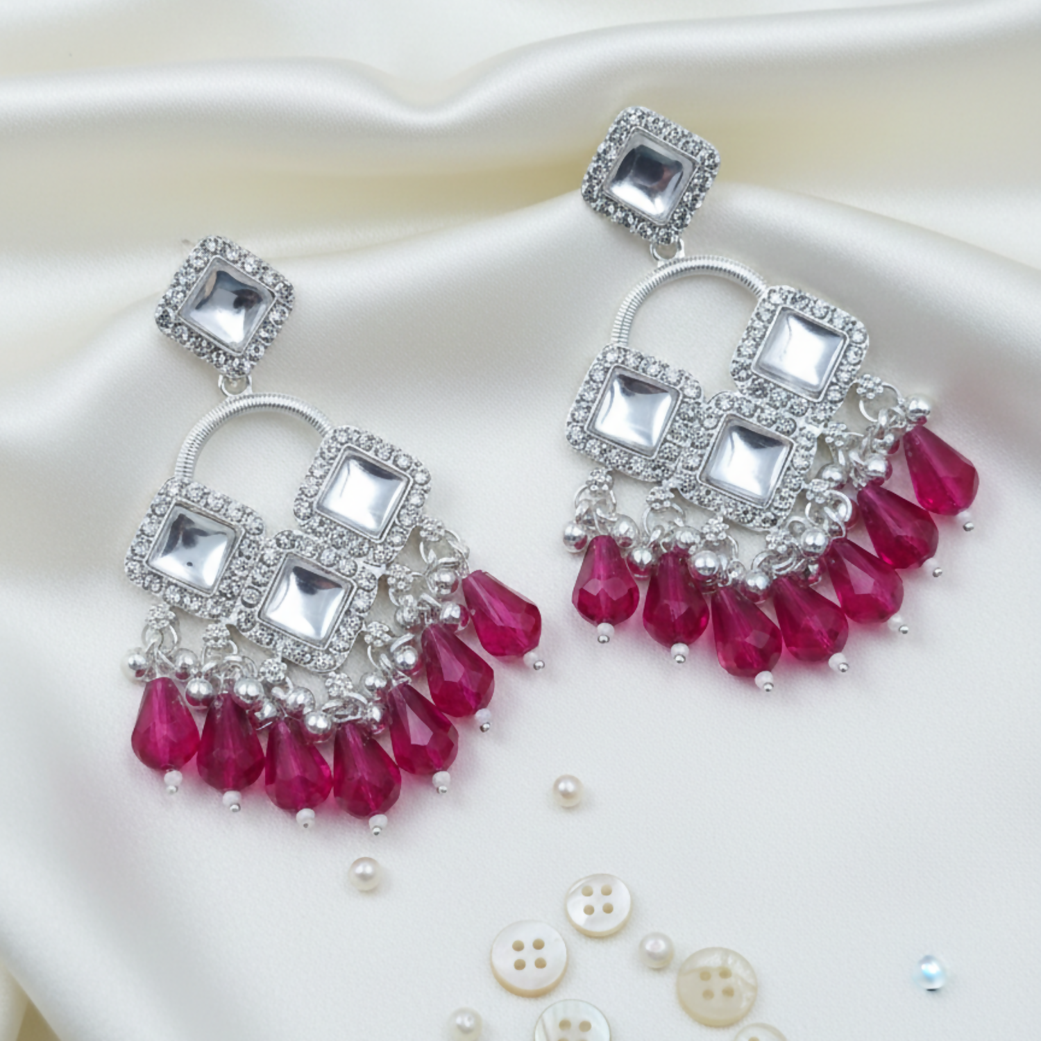 Elegant Silver Plated Chandelier Earrings Featuring Square Crystals and Dark Pink Teardrop Beads