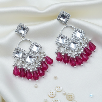 Elegant Silver Plated Chandelier Earrings Featuring Square Crystals and Dark Pink Teardrop Beads