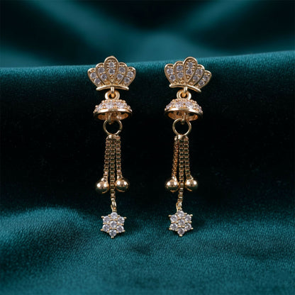 Crown design gold finish drop earrings with crystal tassel detail showcased on white background