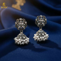 Elegant Silver Oxidized Floral Jhumka Earrings with Pearl Drops