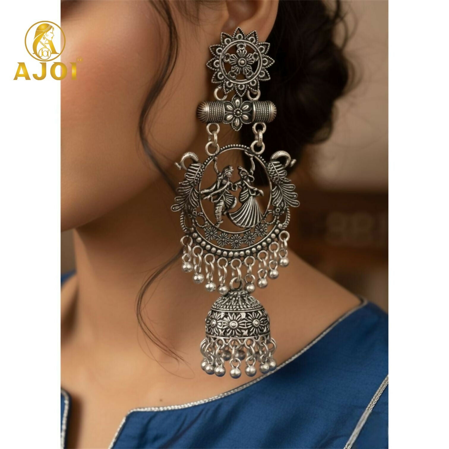 Oxidised Silver Radha Krishna Engraved Jhumka Earrings | Traditional Temple Art Jewellery with Antique Detailing & Ghungroo Drops.