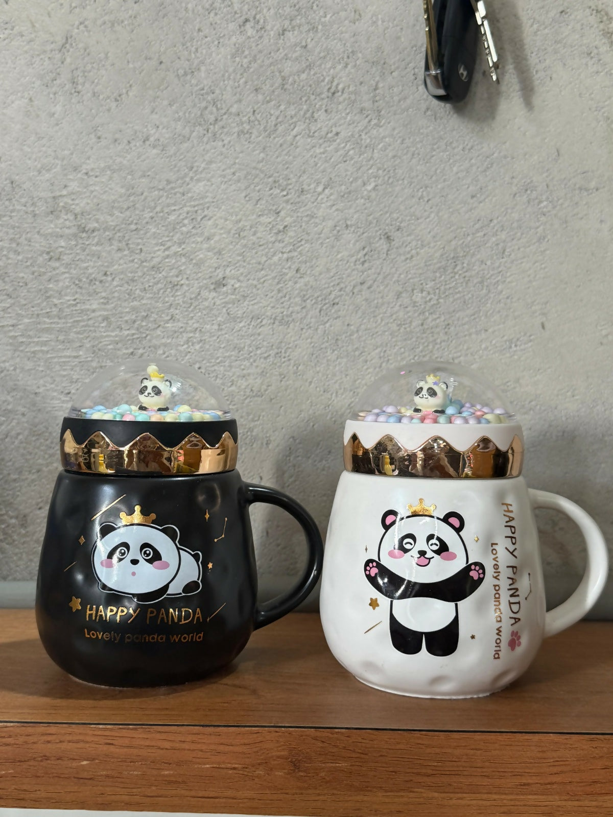 Happy Panda Ceramic Mug with Dome Lid & Golden Crown | Cute Gift for Kids & Girls