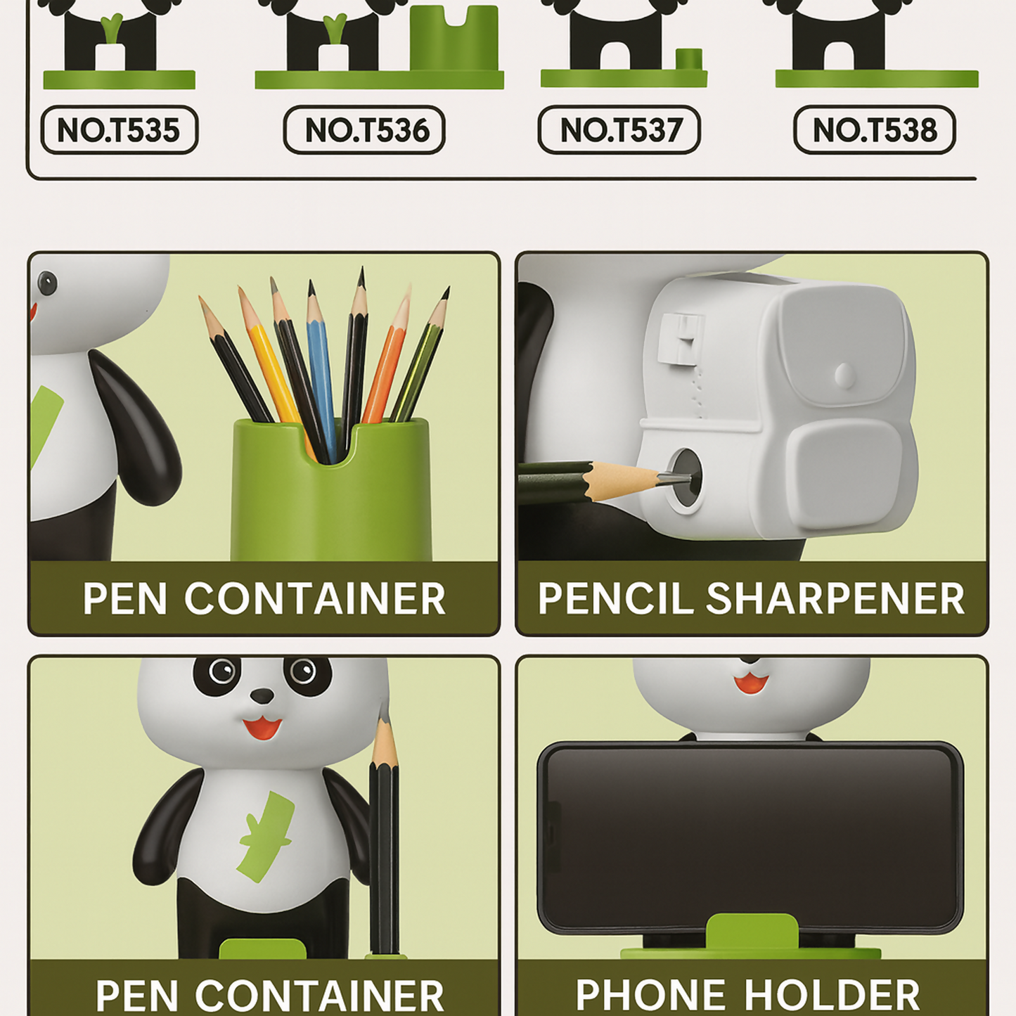 Cute Panda Desk Fan with Pen Holder, Phone Stand & Pencil Sharpener