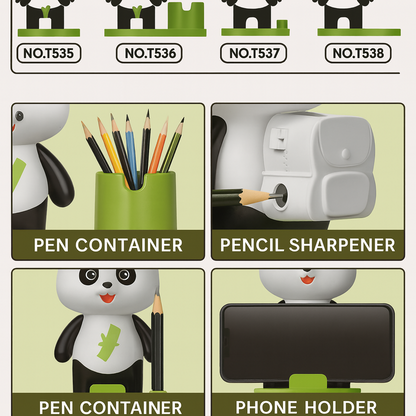 Cute Panda Desk Fan with Pen Holder, Phone Stand & Pencil Sharpener