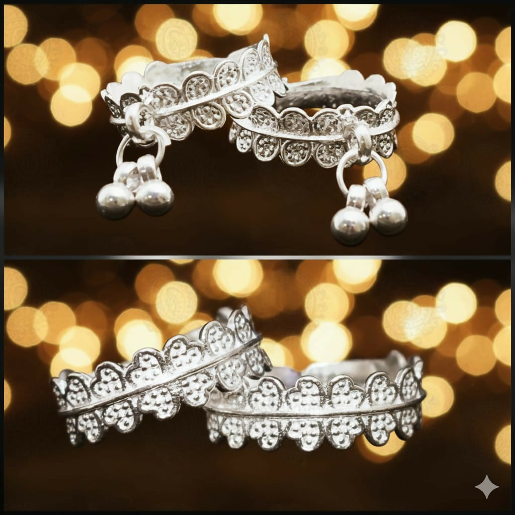 Traditional Oxidized Silver Toe Rings bichiya with Ghungroo for woman and girl Combo Pack of 2