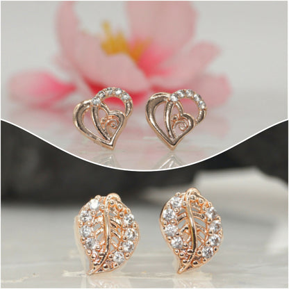 Rose Gold Plated AD Heart & Leaf Stud Earrings Set for women and girls Combo Pack of 2