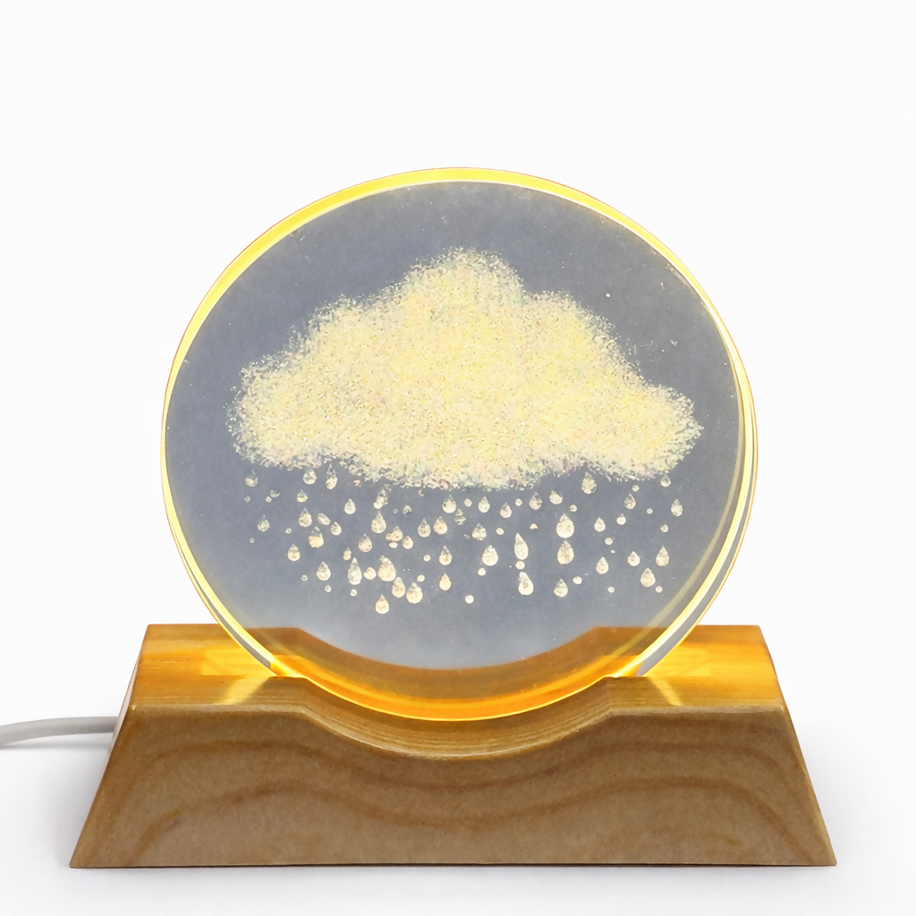 Crystal Cloud LED Night Lamp with Wooden Base | Warm Light Home Décor