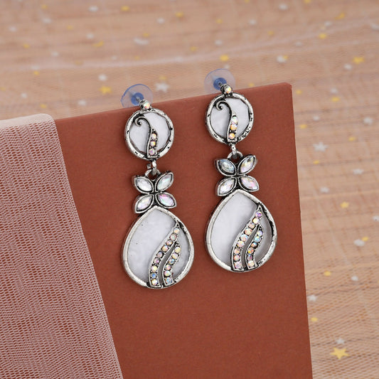 Oxidised White Stone Drop Silver Jhumka Earings