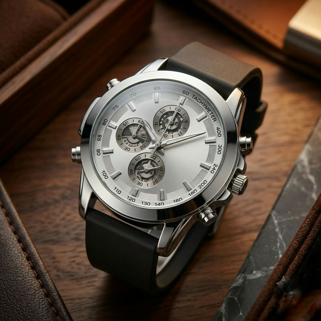 Silver chronograph watch with a white dial, three subdials, and a black silicone strap on a dark wood surface.
