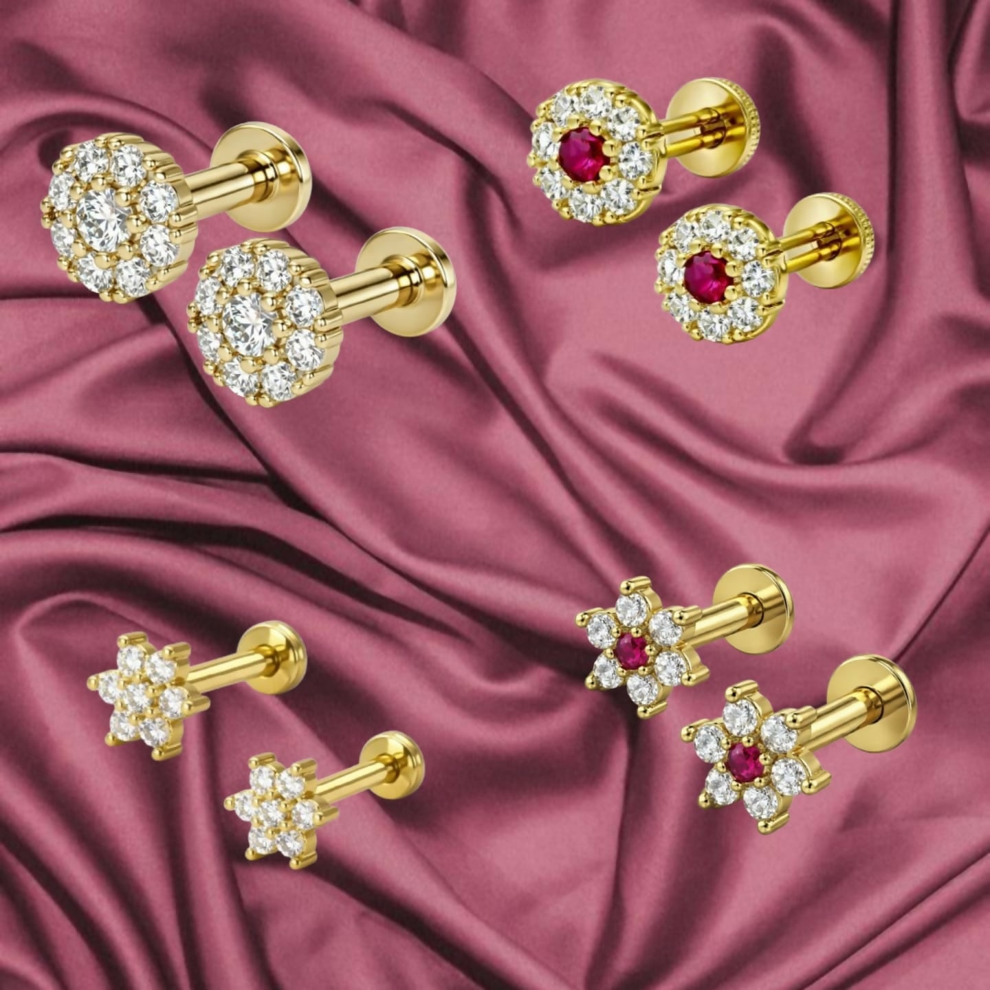 Gold plated Ruby stud earrings combo pack showcasing round and floral designs