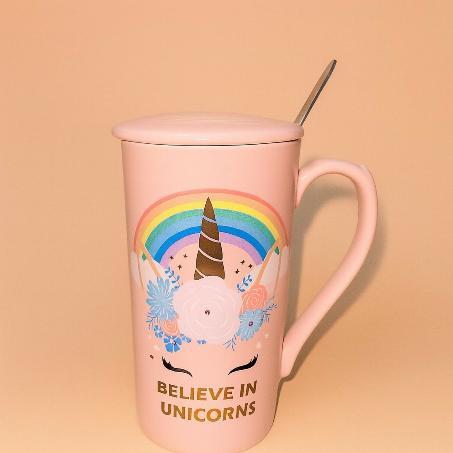 Premium Unicorn Printed Ceramic Mug With Golden Lid & Spoon | Cute Pink Coffee Mug With Lid For Girls, Office & Home Use | 400ml Large Capacity Tea Cup | Gift For Birthday, Kids, Women, Magic Unicorn Printed Cup (Pack of 1)