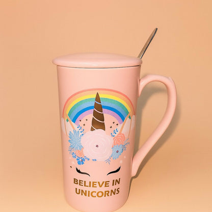 Premium Unicorn Printed Ceramic Mug With Golden Lid & Spoon | Cute Pink Coffee Mug With Lid For Girls, Office & Home Use | 400ml Large Capacity Tea Cup | Gift For Birthday, Kids, Women, Magic Unicorn Printed Cup (Pack of 1)