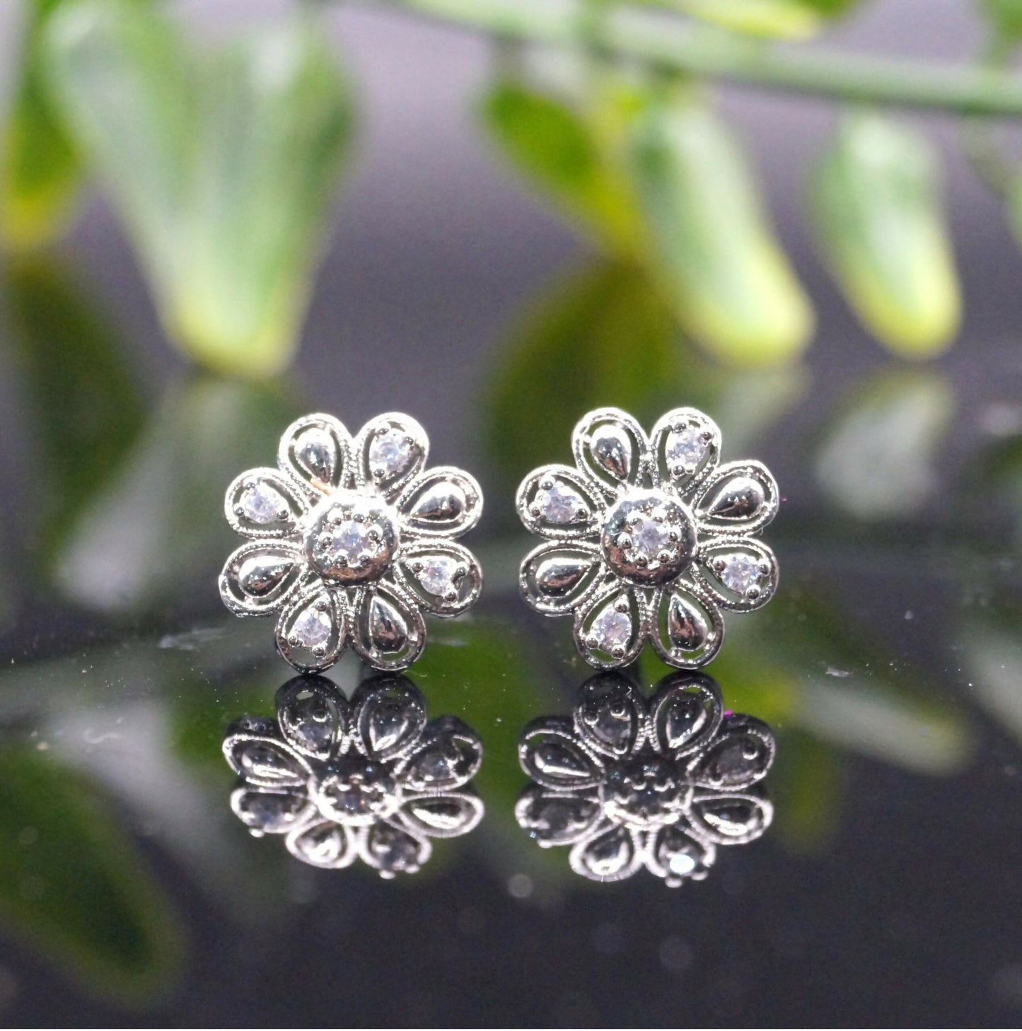 Dainty Silver Flower Stud Earrings with AD for women and girls
