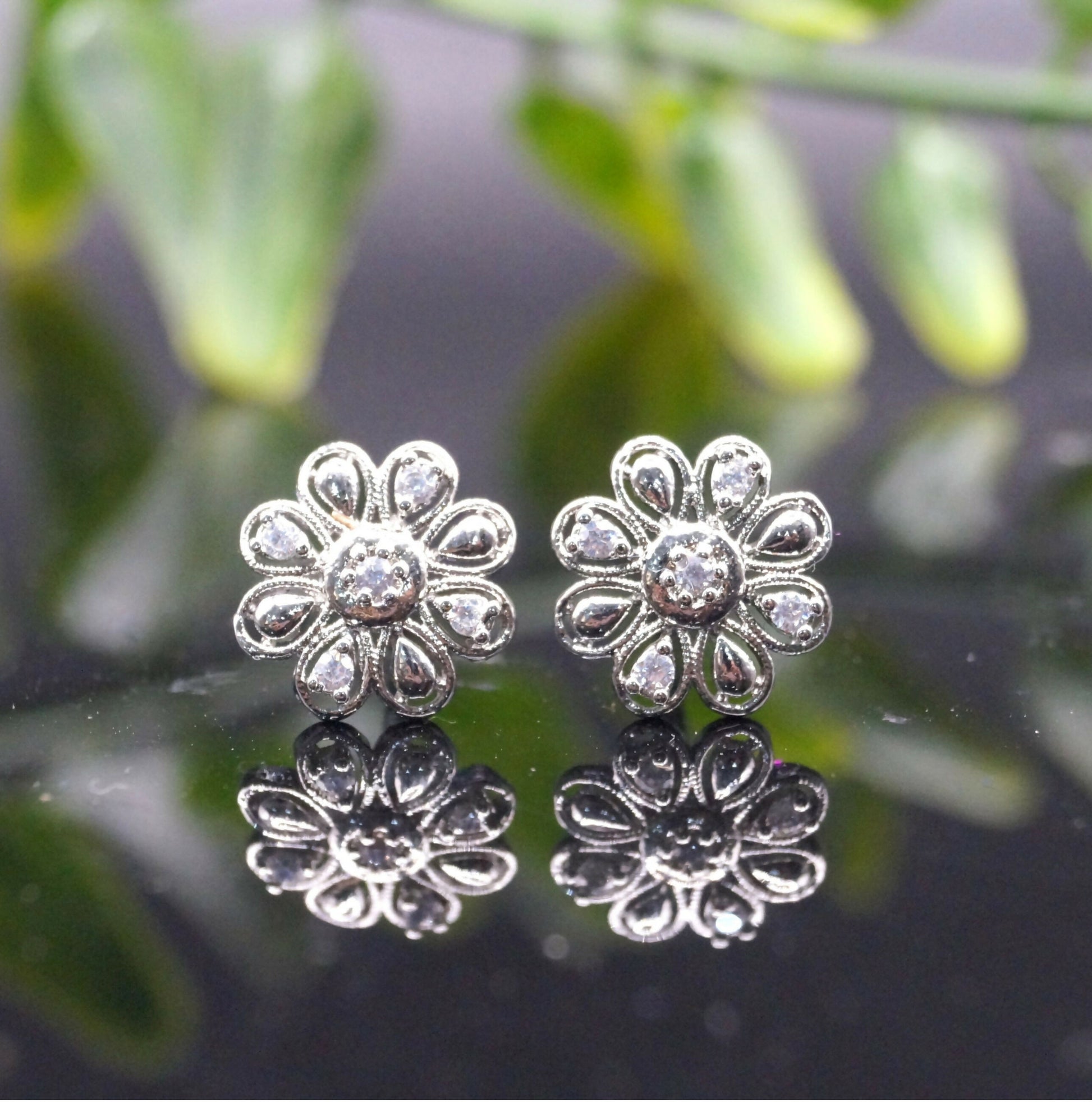 Dainty Silver Flower Stud Earrings with AD for women and girls
