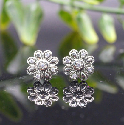 Dainty Silver Flower Stud Earrings with AD for women and girls