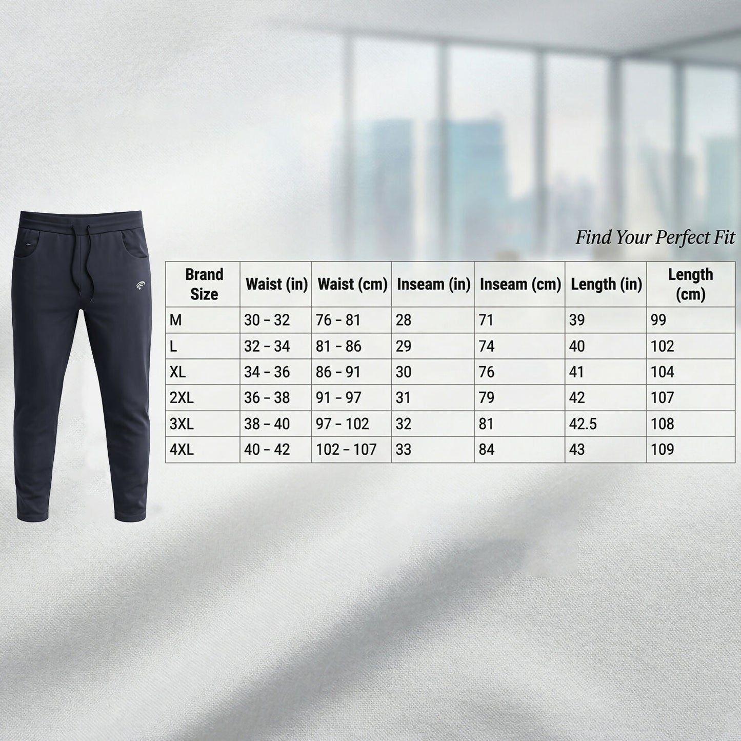 Close-up of men's slim fit sports track pants fabric and stitching