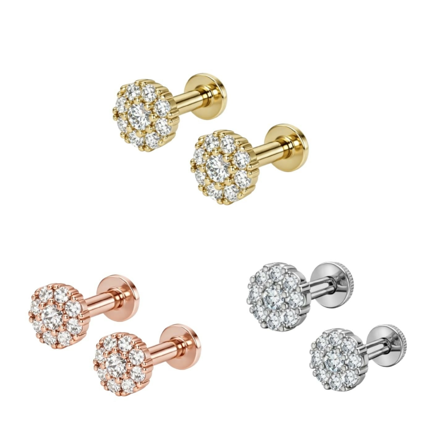 Polished silver plated flower flat back AD stud earrings with hypoallergenic finish