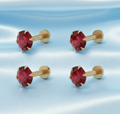 Gold plateed Red Ruby Round Stud Earrings Flat Back Labret Combo Pack of 4