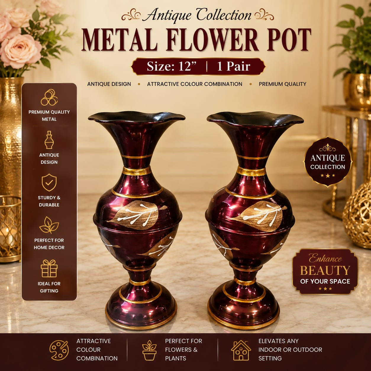 Set of 2 Antique Metal Flower Pots showing Classic Black finish with gold accents