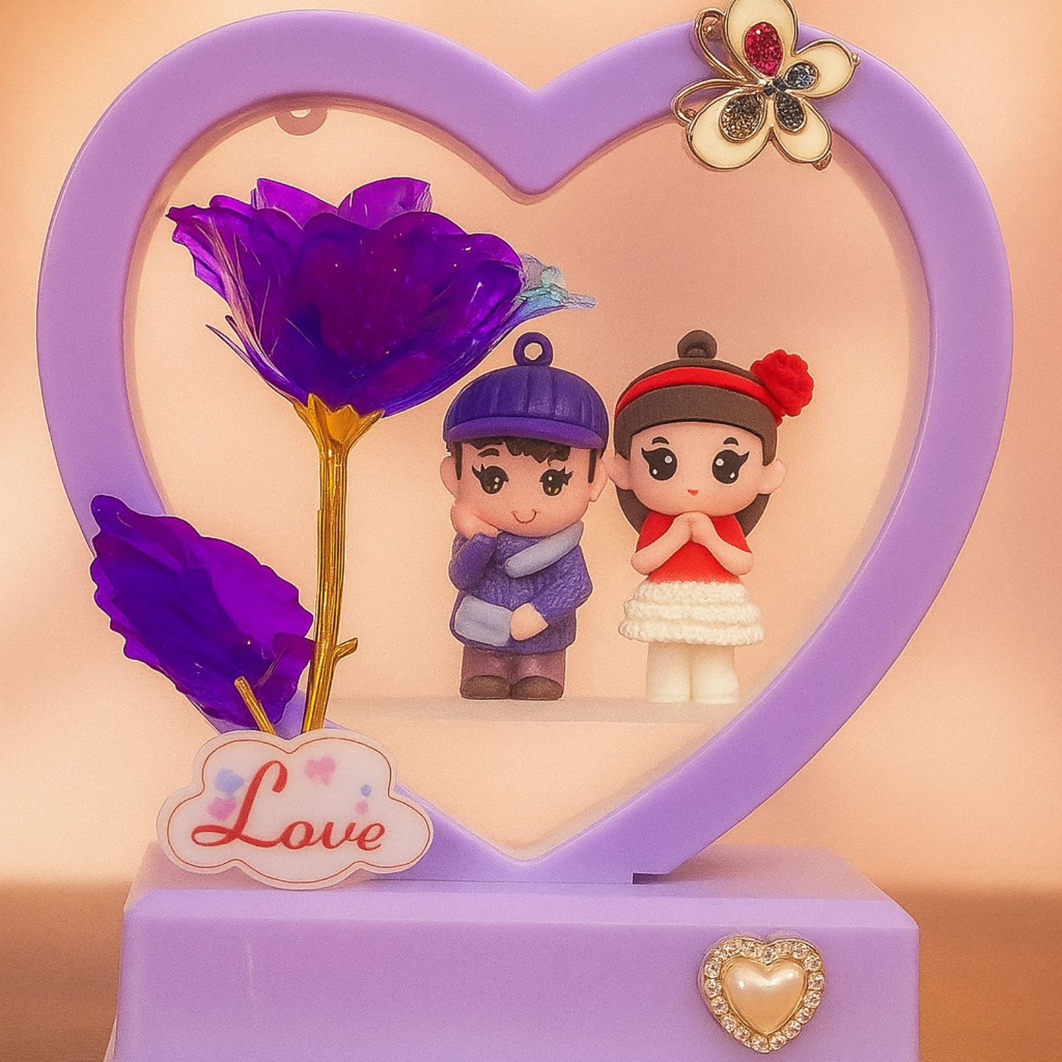 Heart Shape LED Love Lamp with Golden Stem Purple Rose & Cute Romantic Couple Figurines | Decorative Night Light Gift for Anniversary, Valentine, Bedroom & Home Decor