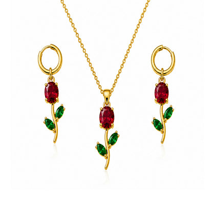 Model wearing the stunning ruby red crystal floral necklace set for a festive occasion.