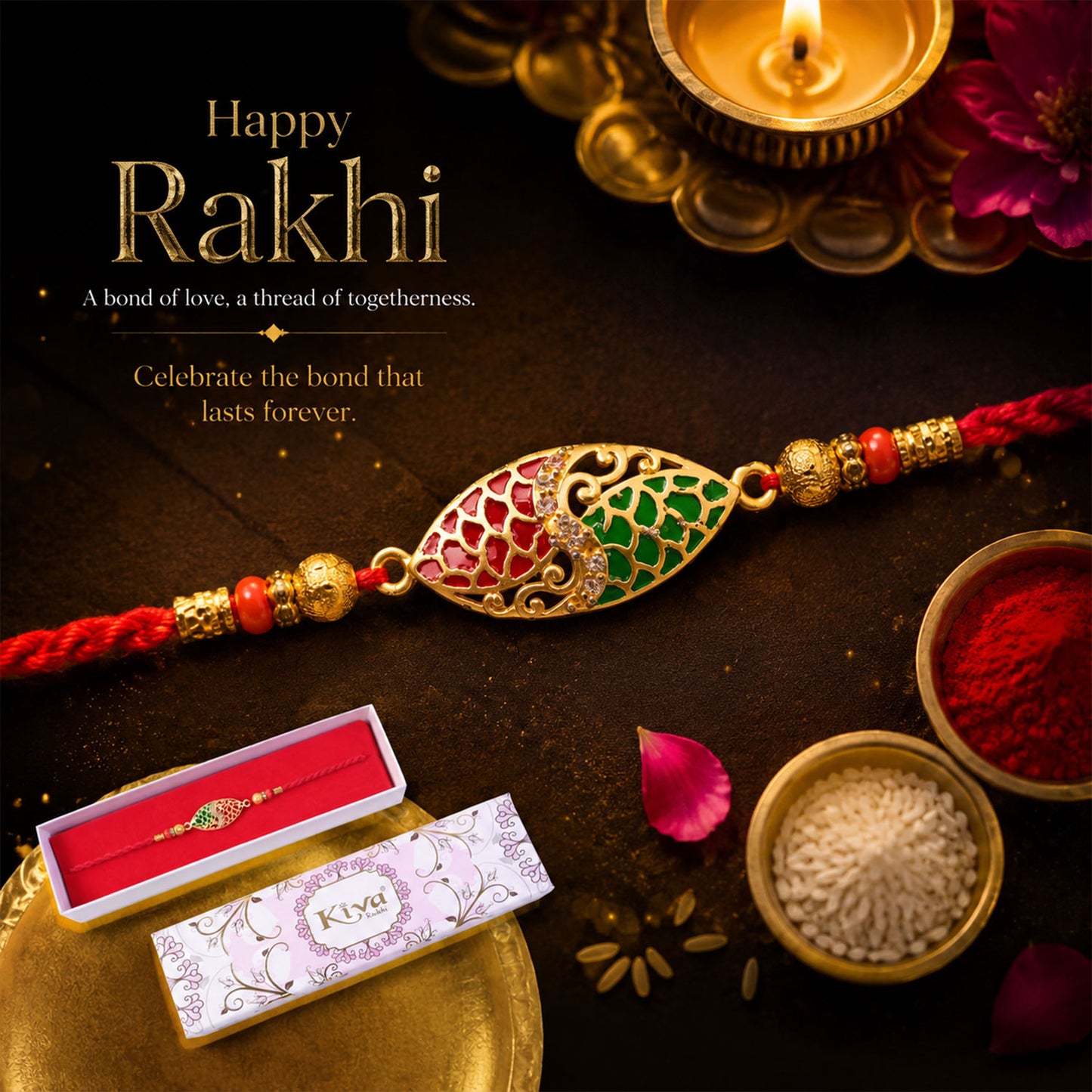 Red & Green Marquise Meenakari Designer Rakhi for Brother Gift Set Combo