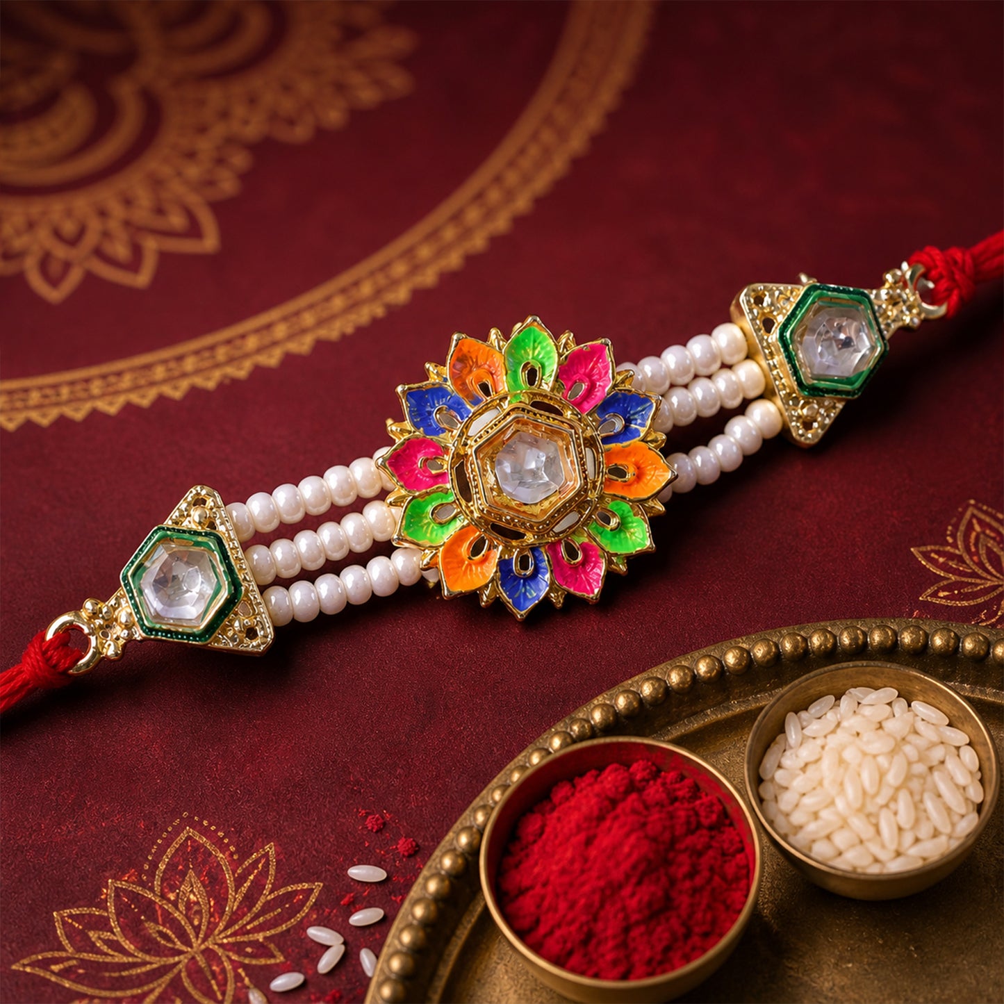 Multicolor Pearl Floral Rakhi with Jewel Center and Bright Festive Gifting Elegance